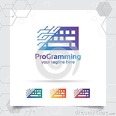 Digital coding logo vector design with concept of keyboard icon and programmer illustration for web development, UI/UX, desktop Vector Illustration