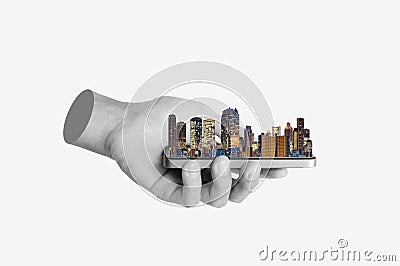 Digital collage modern art. Hand holding modern building, isolated on white backgrounds Stock Photo