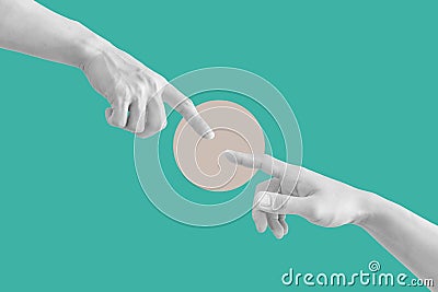 Digital collage modern art. Hand reaching out, pointing finger together Stock Photo