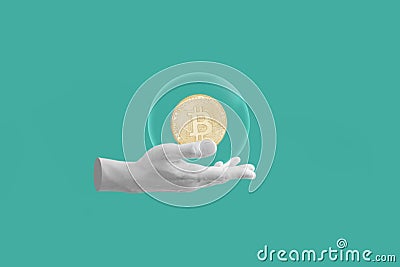 Digital collage modern art. Hand holding Bitcoin digital currency Stock Photo