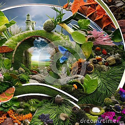 A digital collage of nature and technology, with natural elements fused with mechanical components, blending the organic and the Stock Photo