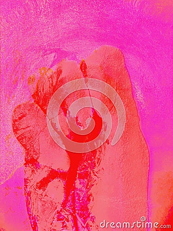Digital collage and special processing. Clenched palm. Blood inside. Withstand the abuse. Pink and red, like pastel drawing. Cartoon Illustration
