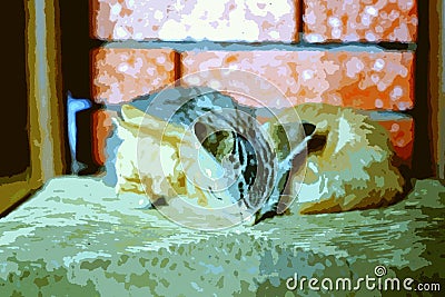 Digital painting style representing a gray cat kitten and an orange kitten sleeping on top of each other on a chair Stock Photo