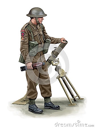 Illustration of a WW2 British soldier with a mortar Stock Photo