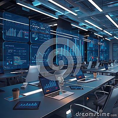 High-Tech Control Room with Data Dashboards, Global Analytics, and AI Integration. Stock Photo