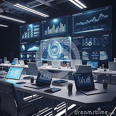 Digital Command Center Displaying Real-Time Data and Analytical Insights Globally. Stock Photo