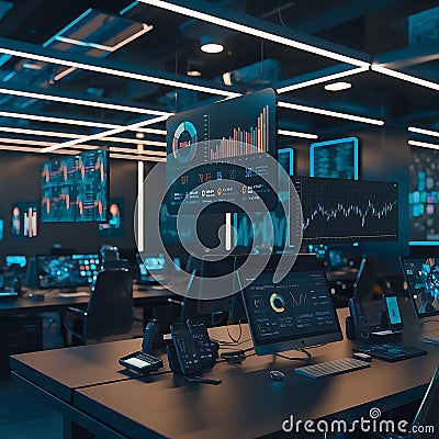 Digital Command Center Displaying Real-Time Data and Analytical Insights Globally. Stock Photo