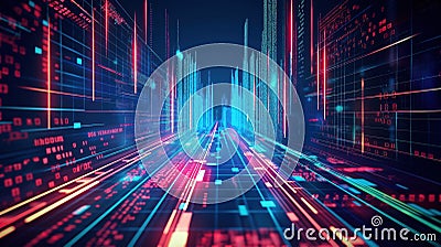 Digital communication concept illustration with generative. Abstract background features data flow, digital wave, futuristic Cartoon Illustration
