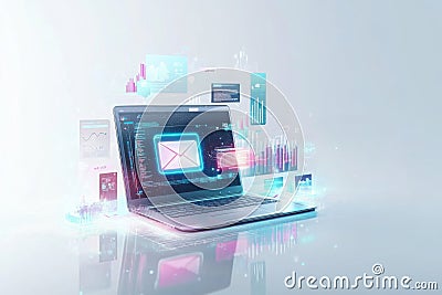 Digital communication concepts represented by laptop displaying email interface with data visuals Stock Photo