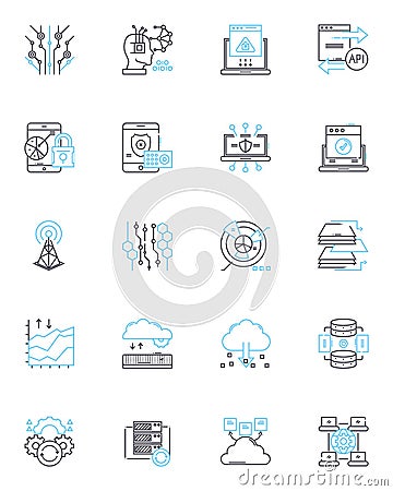 Digital communication linear icons set. Email, Texting, Socialmedia, Messaging, Videoconferencing, Onlinechat, Voicemail Vector Illustration