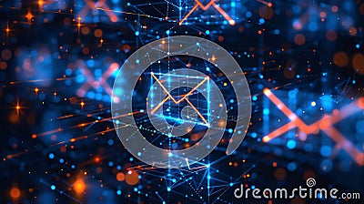 Digital Communication Network Filled With Glowing Envelopes and Floating Data Structures in Vibrant Blue and Orange Stock Photo