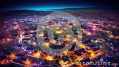 Digital Community: A Nighttime Vista of Smart Homes and Data Transactions Stock Photo