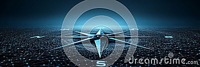 Digital Compass Navigating Glowing Data Network On Gradient Backdrop, Technology Concept Stock Photo