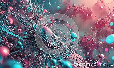 digital complex, abstract structure composed various shapes, including spheres, lines, and curves, in shades Stock Photo