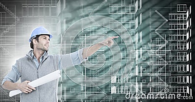 Architect pointing and building blue prints over green background Stock Photo