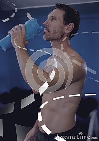 Athletic fit man rehydration water in gym with curved interface Stock Photo