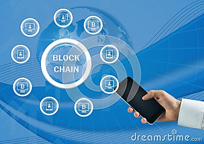 Block chain icon graph and hand holding phone Stock Photo
