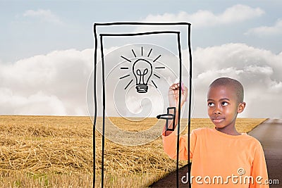 Boy drawing a door on the road Stock Photo
