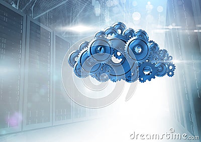 3D cog gears cloud with servers in background Stock Photo