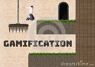 Gamification text and Man jumping in Computer Game Level and traps Stock Photo