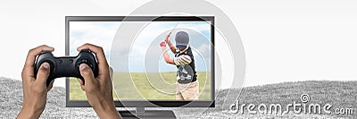 Hands holding gaming controller with golf player on television Stock Photo