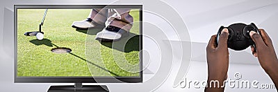 Hands holding gaming controller with golf player on television Stock Photo