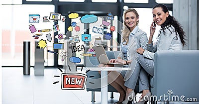 Digital composite image of businesswomen with technologies sitting by new idea icons Stock Photo