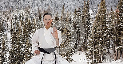 Digital composite image of caucasian female marital artist with black belt against winter landscape Stock Photo