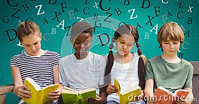 Digital composite image of children studying on sofa with letters flying in background Stock Photo