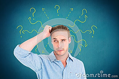 Digital composite image of confused man with arrows and question marks Stock Photo