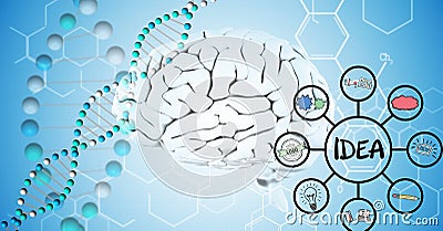 Digital composite image of 3d brain, DNA and idea graphics Stock Photo