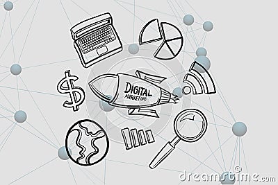 Digital composite image of digital marketing written on rocket by various icons Stock Photo