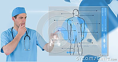 Digital composite image of doctor touching futuristic screen with interface graphics in background Stock Photo