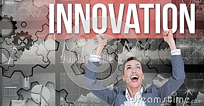 Digital composite image of excited businesswoman looking at innovation text against gears Stock Photo