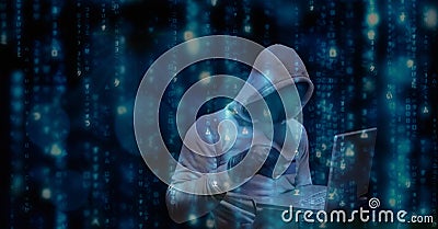 Digital composite image of hacker using credit card and laptop Stock Photo