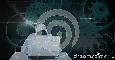 Digital composite image of hacker using laptop against gear background Stock Photo
