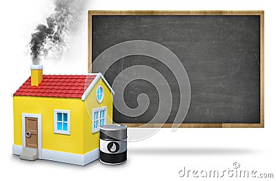 House Chimney Emitting Smoke By Oil Barrel Against Blackboard Stock Photo