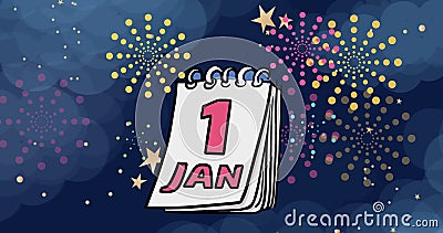 Digital composite image of 1 jan on calendar against exploding fireworks with star shape Stock Photo