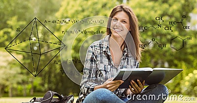 Digital composite image of math equation with smiling female college student in background Stock Photo