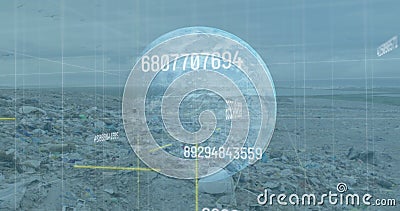Digital composite image of multiple changing numbers over globe against landfill Stock Photo
