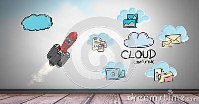 Digital composite image of rocket with notes representing cloud computing Stock Photo