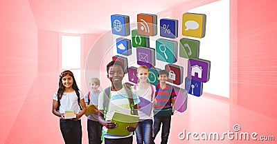 Digital composite image of school children with books and application icons Stock Photo