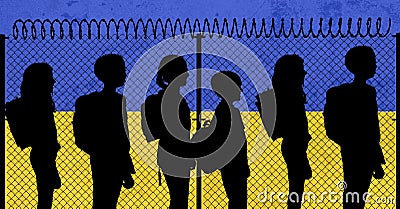 Digital composite image of silhouette children with backpacks standing by fence and ukrainian flag Stock Photo