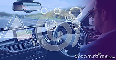 Man driving in car with heads up display interface Stock Photo