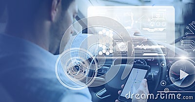 Man driving in car with heads up display interface and phone Stock Photo