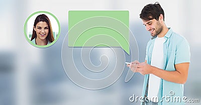 Man using phone with chat bubble messaging profile Stock Photo