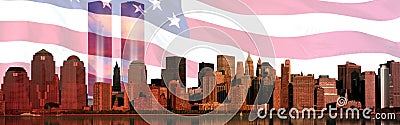 Digital composite: Manhattan skyline, American flag, World Trade Center Light Memorial Editorial Stock Photo