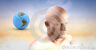 mans head and planet earth world sphere in clouds Stock Photo