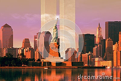 Digital composite: New York skyline, World Trade Center, Statue of Liberty Editorial Stock Photo