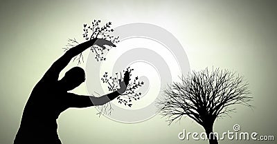 Person reaching with surreal tree branches silhouette Stock Photo